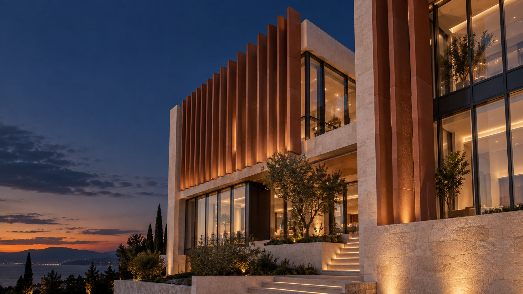 Terracotta, taş ve cam yüzeylerle çağdaş bir mimari cephe